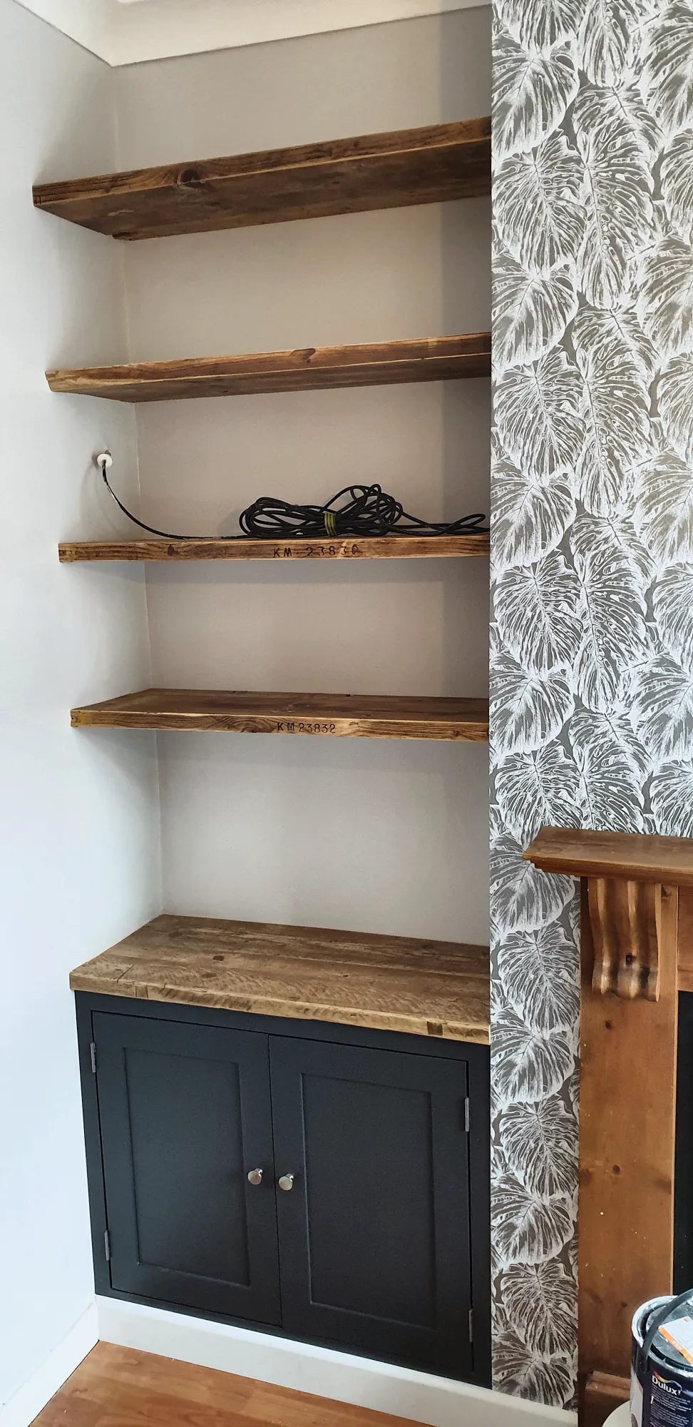 Reclaimed timber shelving, full height