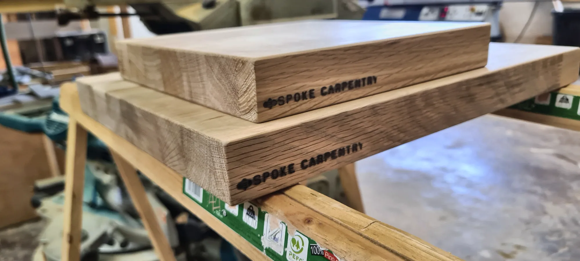 Branded oak boxes on the workbench