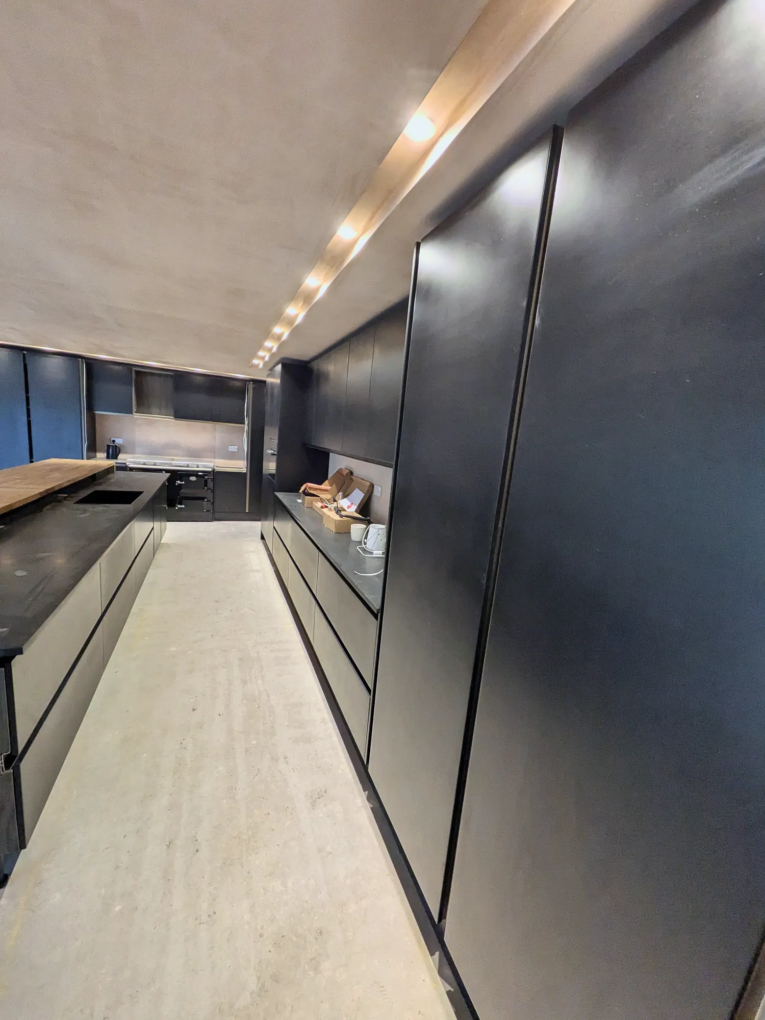 Flush handleless doors with integrated pull rails