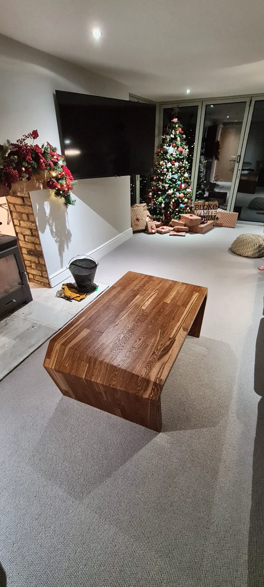 Matching waterfall coffee table by the fire